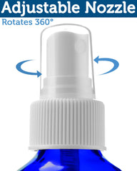 Sally's Organics cobalt blue portable spritzer bottle shown for travel-friendly use