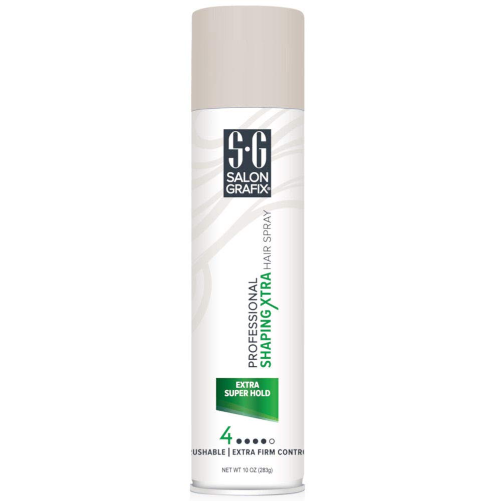 Salon Grafix Profession Shaping Hairspray Extra Super Hold 4 hold bottle shows humidity resistance for lasting style.