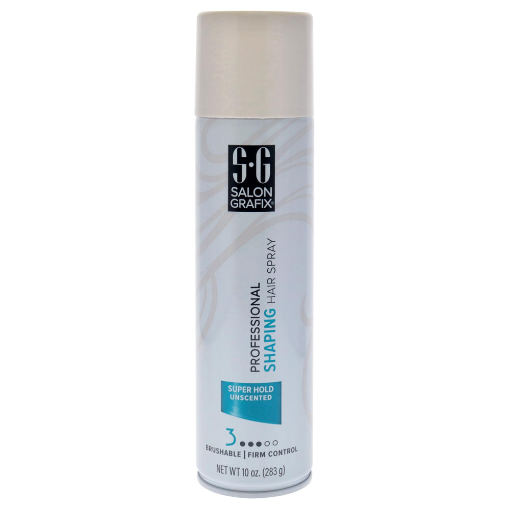 Salon Grafix Shaping Hair Spray Super Hold bottle shows unscented, brushable control for all-day style.