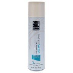 Salon Grafix Shaping Hair Spray Super Hold bottle shows unscented, brushable control for all-day style.