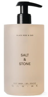 Salt & Stone Black Rose & Oud bottle close-up for a luxurious shower ritual.