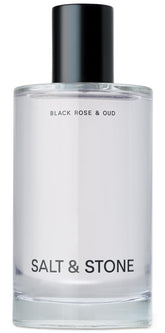 Salt & Stone body mist bottle showcases Black Rose & Oud for long-lasting hydration and fragrance.