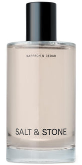 Salt & Stone Body Mist bottle-front showcases saffron cedar scent for all-day freshness.