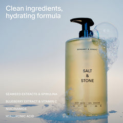 Salt & Stone body wash bottle back highlights vegan, cruelty-free formula free of parabens.