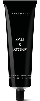 Salt & Stone lotion bottle Black Rose & Oud closeup, showcasing premium packaging and fragrance