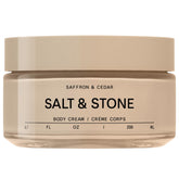 Salt & Stone body cream saffron cedar bottle highlights lasting scent and hydrating formula.