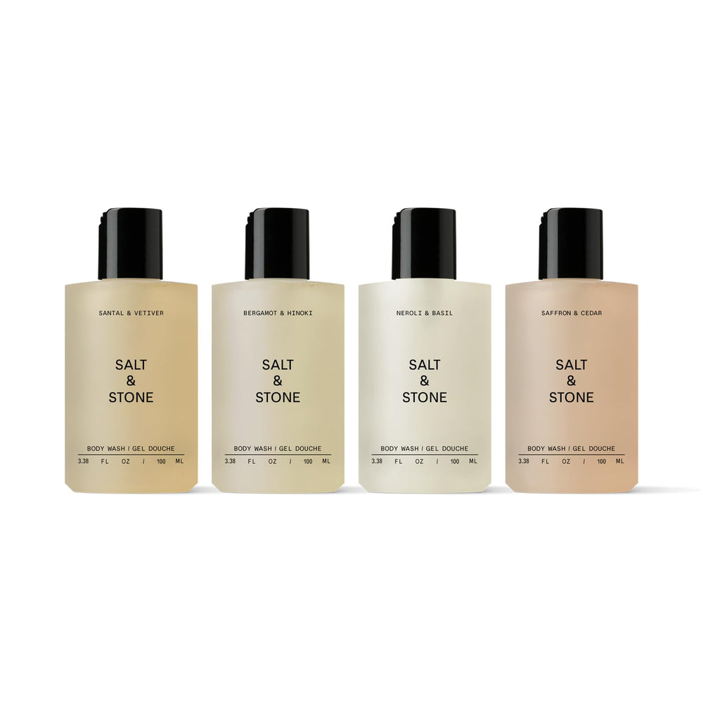 Salt & Stone Mini Discovery Set bottle pour highlights hydrating lather.