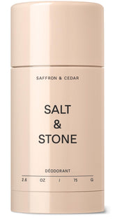 Salt & Stone aluminum free deodorant bottle with saffron cedar scent for long-lasting freshness