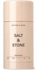 Salt & Stone aluminum free deodorant bottle with saffron cedar scent for long-lasting freshness