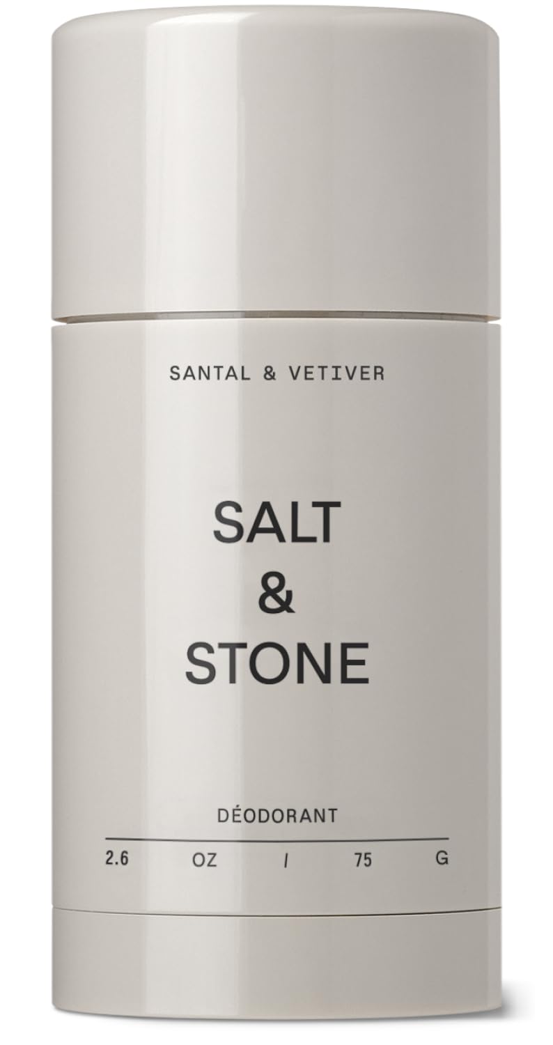 Salt & Stone aluminum free deodorant bottle with Santal & Vetiver for long-lasting protection.
