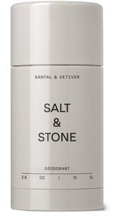 Salt & Stone aluminum free deodorant bottle with Santal & Vetiver for long-lasting protection.