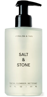 Salt & Stone facial cleanser bottle close-up highlighting gentle hydration for all skin types.