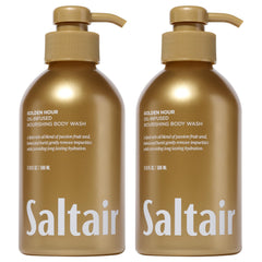 Saltair Golden Hour bottle pouring with rich lather for a refreshing shower
