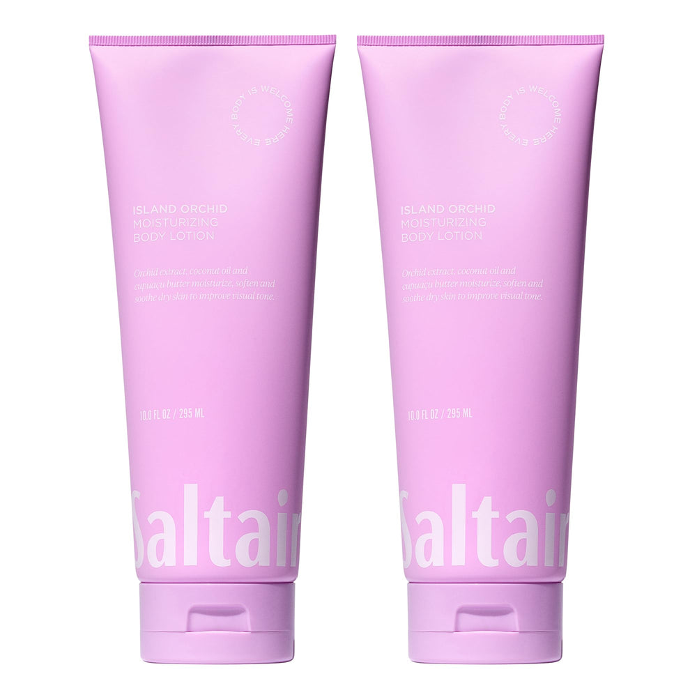 Saltair Island Orchid Lotion tub front shows hydrating body cream for daily dry skin relief.