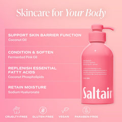 Saltair Monoi oil and Cupuacu Butter hydrate skin and support elasticity.