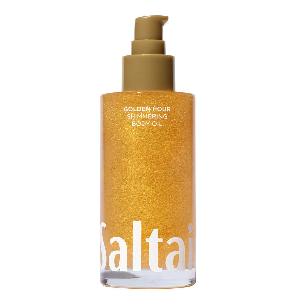 Saltair Shimmering Body Oil bottle with pump delivers easy, fast hydration and glow.