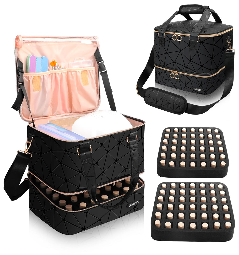 Sambois nail polish organizer bag shows 84-bottle capacity for on-the-go storage.