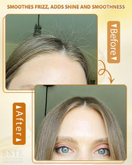 Samnyte before-and-after flyaways image showing polished, frizz-free results