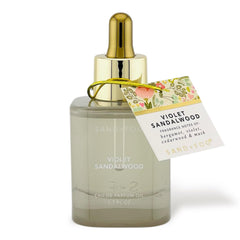 Sand and Fog Violet Sandalwood bottle on a vanity suggests everyday luxury.