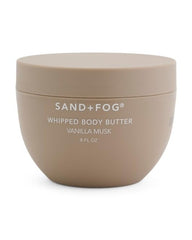 Sand + Fog whipped body butter vanilla musk jar delivering deep hydration for silky skin.