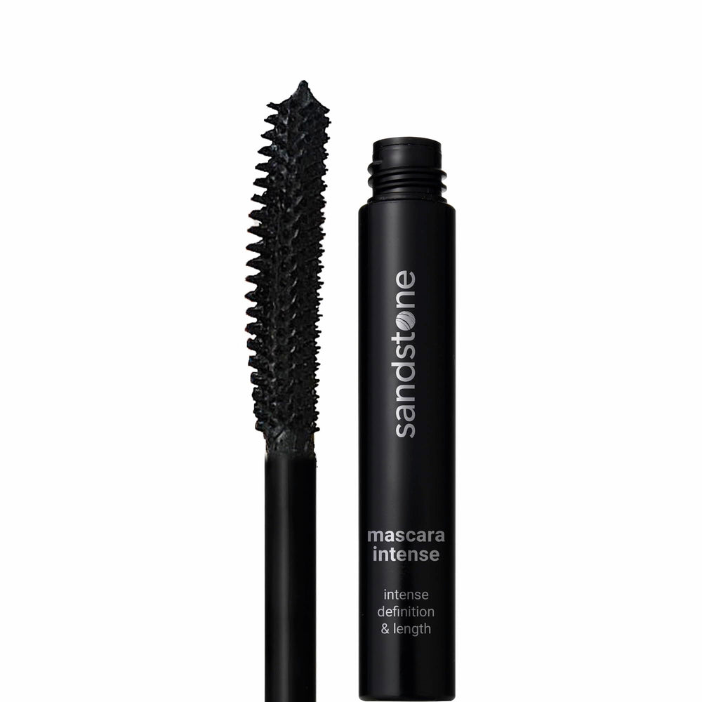 Sandstone Scandinavia hypoallergenic mascara tube showing gentle, long wear for sensitive eyes.