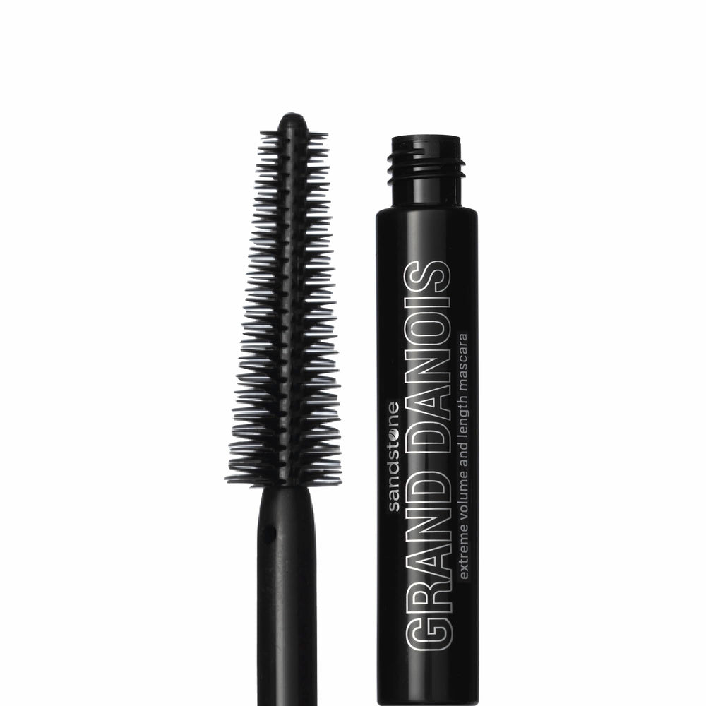 Sandstone Scandinavia hypoallergenic mascara wand closeup shows precise bristles for sensitive eyes.