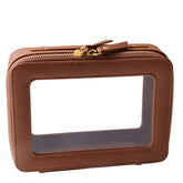 SANHECUN toiletry bag in brown with front window for easy cosmetic visibility