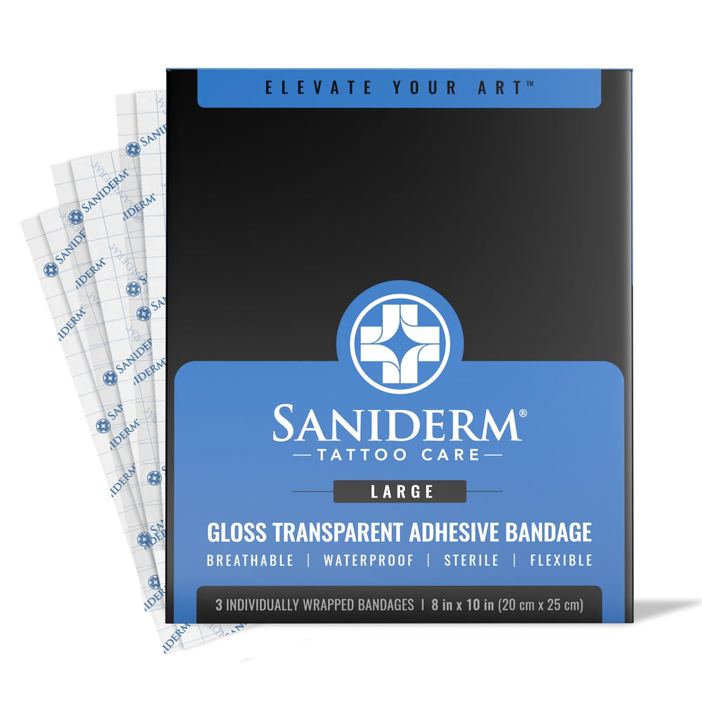 Saniderm tattoo aftercare bandage large pack protects new ink with clean coverage.
