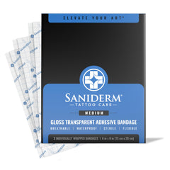 Saniderm tattoo bandage packaging showing three sheets for convenient aftercare