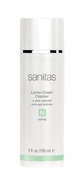 Sanitas Lemon Cream Cleanser bottle closeup for brightening skincare routines.