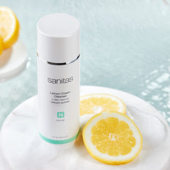 Sanitas Lemon Cream Cleanser lather application highlights gentle cleansing suitable for all skin types.