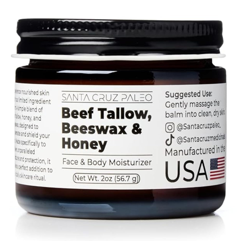 Santa Cruz Paleo beef tallow face moisturizer bottle showing rich hydration for dry skin