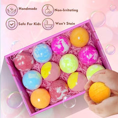 Santrela bath bombs fizzing in water reveal vibrant colors and kid-friendly scent.