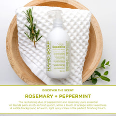 Sapadilla rosemary-peppermint swirl pump bottle showing invigorating aroma