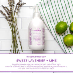 Sapadilla lavender-lime label close-up suggesting calming, uplifting hand care