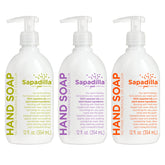 Sapadilla hand soap three-scent bundle bottles on a bright counter for everyday cleansing