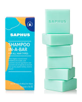 SAPHUS 6pcs shampoo bars packaging shows eco-friendly travel-ready bundle.