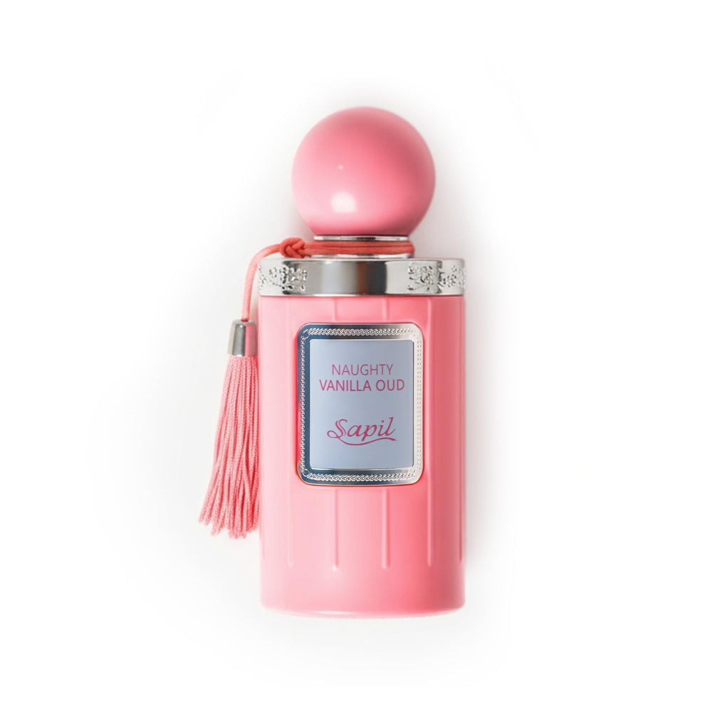 Sapil Naughty Vanilla Oud bottle showcases a luxurious vanilla-oud blend for everyday elegance.