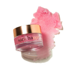 Sara Happ Lip Scrub texture close-up reveals fine sugar crystals for gentle exfoliation.