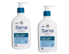 Sarna Calm + Cool bottle closeup showing steroid-free itch relief and quick absorption.