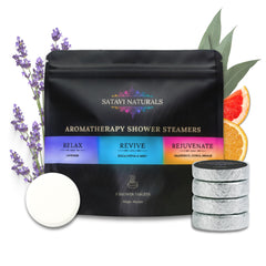 Satavi Naturals shower steamers variety pack in display for calming aromatherapy options.
