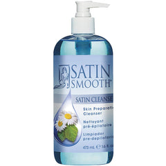 Satin Smooth Pre Wax Cleanser bottle closeup for thorough skin preparation and cleansing.