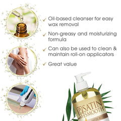 Satin Smooth Satin Release Residue Remover Oil on skin demonstrates gentle, fast-absorbing post-wax residue removal.