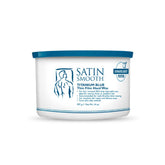 SATIN SMOOTH Titanium Blue Wax jar closeup with azulene oil for sensitive skin comfort.