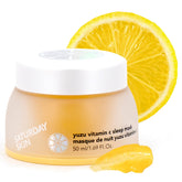Saturday Skin Yuzu Sleep Mask jar demonstrates brightening overnight vitamin C benefits.