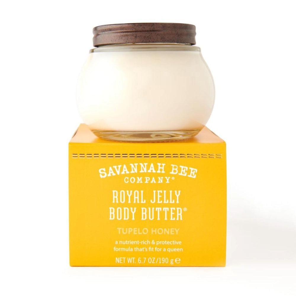 Savannah Bee Royal Jelly Body Butter jar closeup showing rich hydration for dry skin