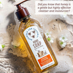 Savannah Bee Company liquid hand soap label highlights natural ingredients and clean aroma.