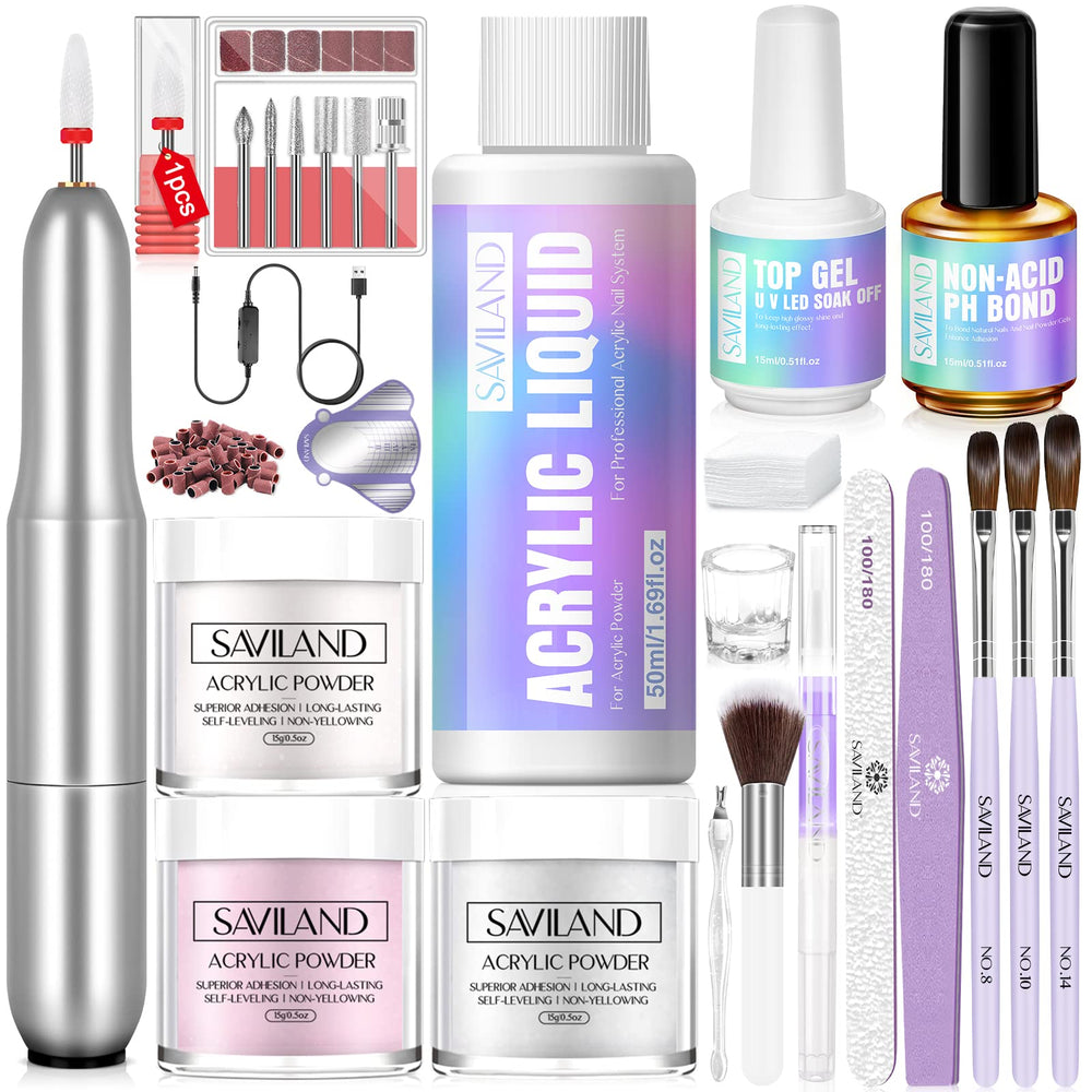 SAVILAND acrylic nail kit drill image showing a compact at-home setup for quick shaping and polishing.