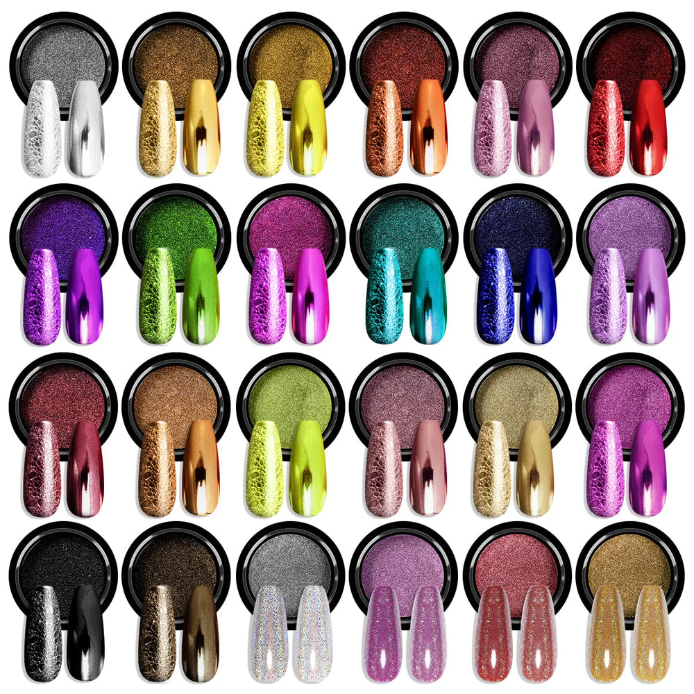 SAVILAND chrome nail powder jar closeup showing 24 colors for dazzling mirror finish.