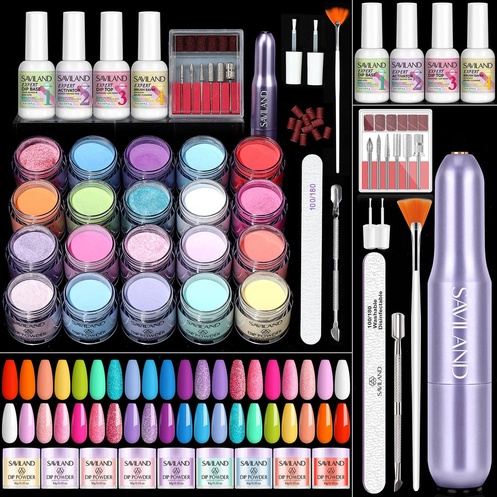 SAVILAND dip powder kit 20 colors swatches for durable, glossy DIY nails.